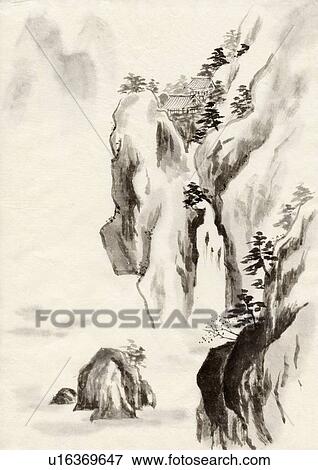 Mountain Scenery of Japan, Ink Painting, Vignette View Large Illustration Stock Illustration - Mountain Scenery of Japan, Ink Painting, Vignette. Fotosearch