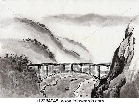 Mountains and Bridge, Ink Painting, Vignette View Large Illustration Stock Illustration - Mountains and Bridge, Ink Painting, Vignette. Fotosearch