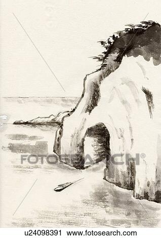 Ocean Scenery of Japan, Ink Painting, Vignette View Large Illustration Clip Art - Ocean Scenery of Japan, Ink Painting, Vignette. Fotosearch