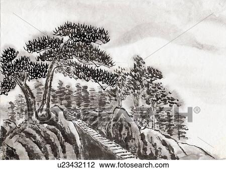Pathway and Trees, Ink Painting, Vignette View Large Illustration Drawing - Pathway and Trees, Ink Painting, Vignette. Fotosearch