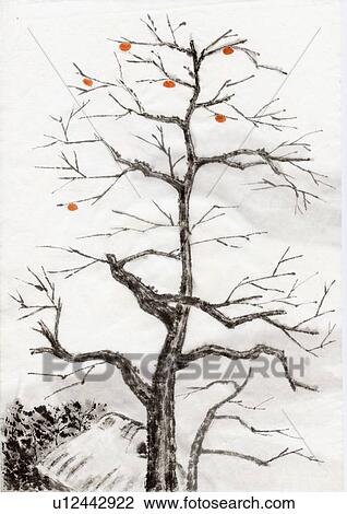 Drawing - Persimmon Tree, Ink Painting, Vignette. Fotosearch