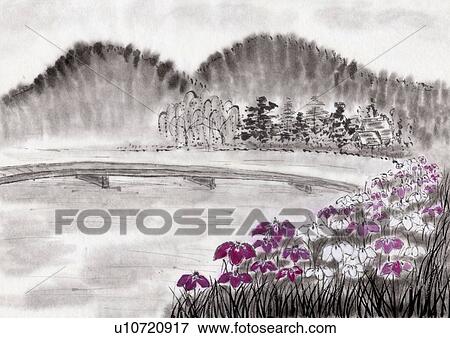 Pond and Flowers, Ink Painting, Vignette View Large Illustration Stock Illustration - Pond and Flowers, Ink Painting, Vignette. Fotosearch