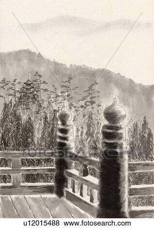 Stock Illustration - Railing and Mountain Scenery, Ink Painting, Vignette. Fotosearch