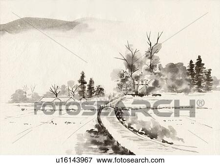 Stock Illustration - Rice Fields, Ink Painting, Vignette. Fotosearch