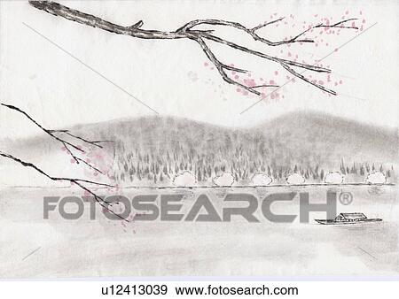 Stock Illustration - River and Mountain Scenery of Japan, Ink Painting, Vignette. Fotosearch