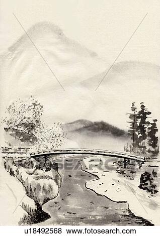 Stock Illustration - River and Mountains, Ink Painting, Vignette. Fotosearch