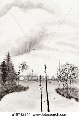 River and Mountains, Ink Painting, Vignette View Large Illustration Stock Illustration - River and Mountains, Ink Painting, Vignette. Fotosearch