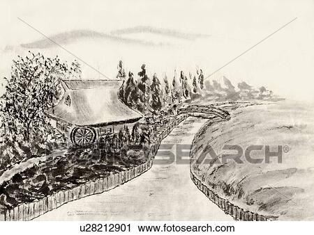 River and Water mill, Ink Painting, Vignette View Large Illustration Clip Art - River and Water mill, Ink Painting, Vignette. Fotosearch