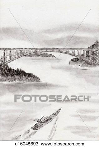 Drawing - Riverscape and Bridge, Ink Painting, Vignette. Fotosearch