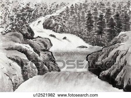 Drawing - Riverscape, Ink Painting, Vignette. Fotosearch