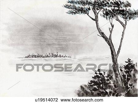 Riverscape, Ink Painting, Vignette View Large Illustration Drawing - Riverscape, Ink Painting, Vignette. Fotosearch