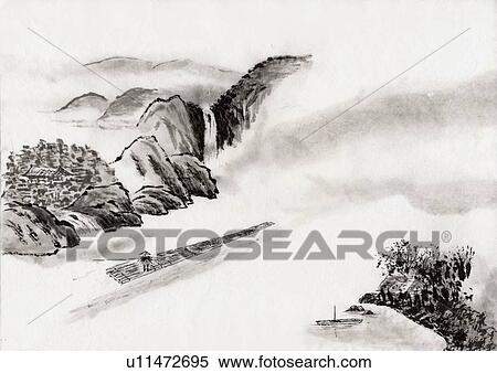 Stock Illustration - Riverscape, Ink Painting, Vignette. Fotosearch