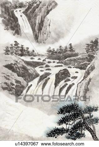 Stock Illustration - Riverscape, Ink Painting, Vignette. Fotosearch