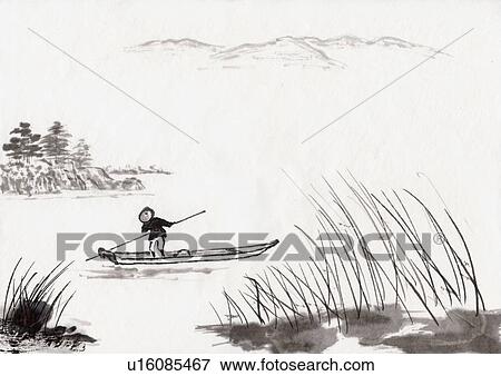 Riverscape of Japan, Ink Painting, Vignette View Large Illustration Stock Illustration - Riverscape of Japan, Ink Painting, Vignette. Fotosearch