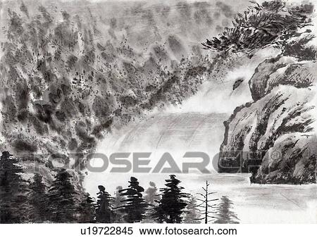 Riverscape of Japan, Ink Painting, Vignette View Large Illustration Stock Illustration - Riverscape of Japan, Ink Painting, Vignette. Fotosearch
