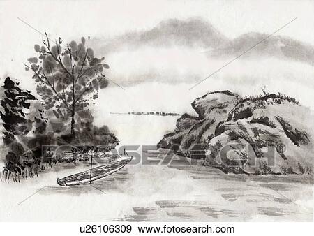Stock Illustration - Riverscape of Japan, Ink Painting, Vignette. Fotosearch