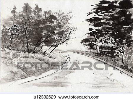 Road and Houses, Ink Painting, Vignette View Large Illustration Stock Illustration - Road and Houses, Ink Painting, Vignette. Fotosearch
