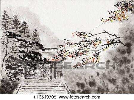 Stock Illustration - Shrine Gate, Ink Painting, Vignette. Fotosearch