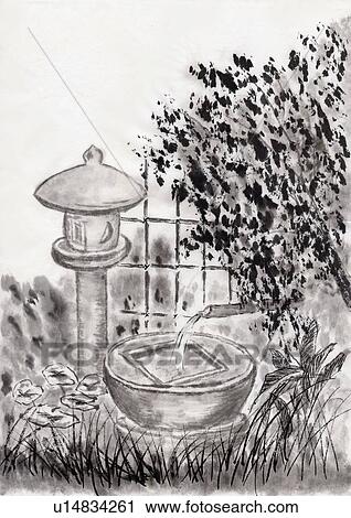 Stone Lantern and Tub, Ink Painting, Vignette View Large Illustration Clip Art - Stone Lantern and Tub, Ink Painting, Vignette. Fotosearch