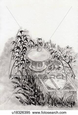 Stone Lantern and Tub, Ink Painting, Vignette, High Angle View View Large Illustration Stock Illustration - Stone Lantern and Tub, Ink Painting, Vignette, High Angle View. Fotosearch