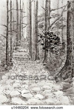 Stock Illustration - Stone Pavement in Forest, Ink Painting, Vignette. Fotosearch