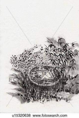 Stone Tub, Ink Painting, Vignette, High Angle View View Large Illustration Stock Illustration - Stone Tub, Ink Painting, Vignette, High Angle View. Fotosearch