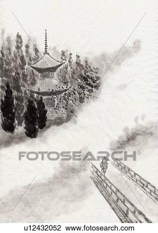 Drawing - Temple and Bridge, Ink Painting, Vignette. Fotosearch