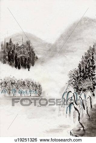 Stock Illustration - Temple and Mountain Scenery, Ink Painting, Vignette. Fotosearch