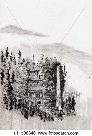 Clipart - Temple and Mountains, Ink Painting, Vignette. Fotosearch