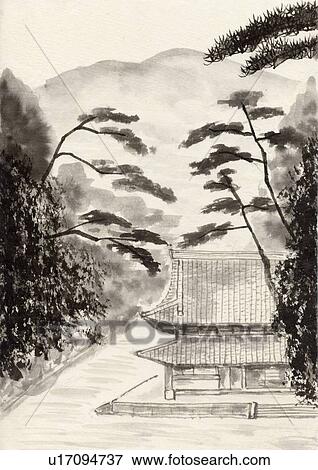 Stock Illustration - Temple and Mountains, Ink Painting, Vignette. Fotosearch