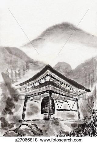 Stock Illustration - Temple Bell, Ink Painting, Vignette, Low Angle View. Fotosearch