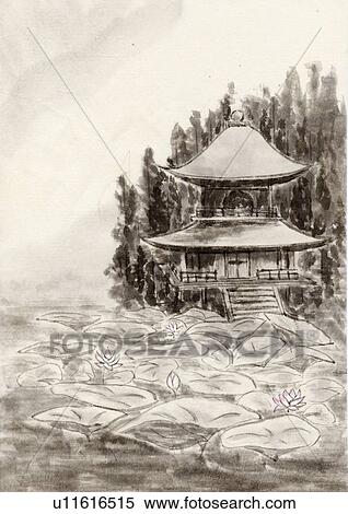 Temple, Ink Painting, Vignette View Large Illustration Stock Illustration - Temple, Ink Painting, Vignette. Fotosearch
