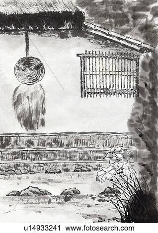 Clip Art - Traditional Japanese House, Ink Painting, Vignette. Fotosearch