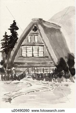 Clipart - Traditional Japanese House, Ink Painting, Vignette. Fotosearch