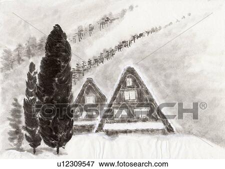 Traditional Japanese Houses, Ink Painting, Vignette View Large Illustration Stock Illustration - Traditional Japanese Houses, Ink Painting, Vignette. Fotosearch