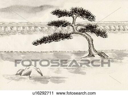 Clip Art - Tree and Japanese Garden, Ink Painting, Vignette. Fotosearch