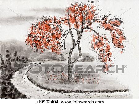 Stock Illustration - Tree and River, Ink Painting, Vignette. Fotosearch