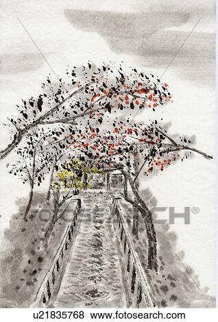 Stock Illustration - Trees and Gate, Ink Painting, Vignette, High Angle View. Fotosearch