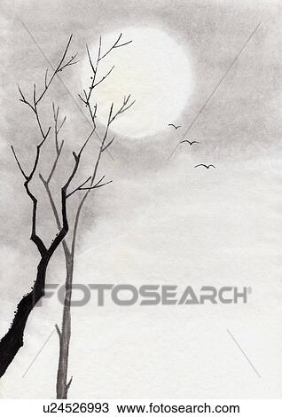 Trees and Moon, Ink Painting, Vignette View Large Illustration Drawing - Trees and Moon, Ink Painting, Vignette. Fotosearch
