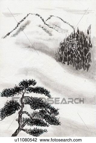 Drawing - Trees and Mountains, Ink Painting, Vignette. Fotosearch