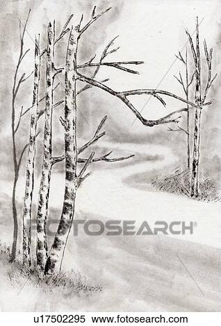 Stock Illustration - Trees and River, Ink Painting, Vignette. Fotosearch