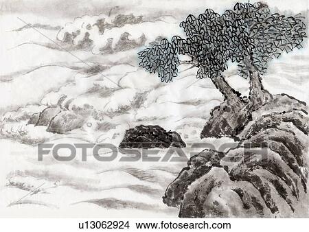 Stock Illustration - Trees and Rocks, Ink Painting, Vignette,. Fotosearch
