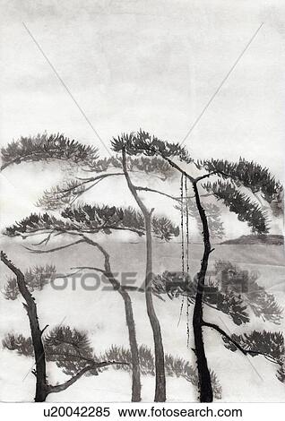 Stock Illustration - Trees, Ink Painting, Vignette. Fotosearch