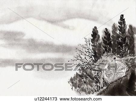 Water Mill and Mountains, Ink Painting, Vignette View Large Illustration Drawing - Water Mill and Mountains, Ink Painting, Vignette. Fotosearch