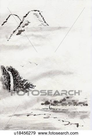 Stock Illustration - Waterfall and Mountains, Ink Painting, Vignette. Fotosearch