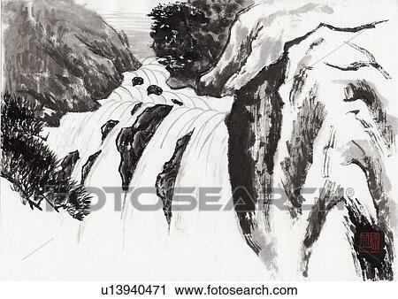 Waterfall, Ink Painting, Vignette View Large Illustration Clip Art - Waterfall, Ink Painting, Vignette. Fotosearch