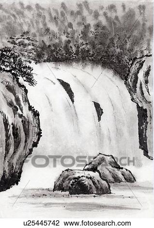 Waterfall, Ink Painting, Vignette View Large Illustration Drawing - Waterfall, Ink Painting, Vignette. Fotosearch