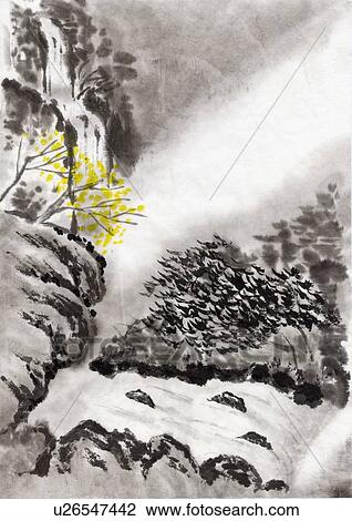 Drawing - Waterfall, Ink Painting, Vignette. Fotosearch