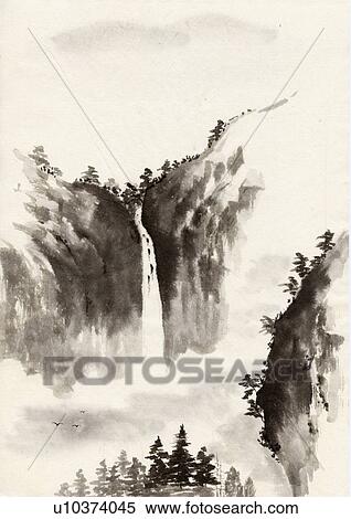 Stock Illustration - Waterfall, Ink Painting, Vignette. Fotosearch