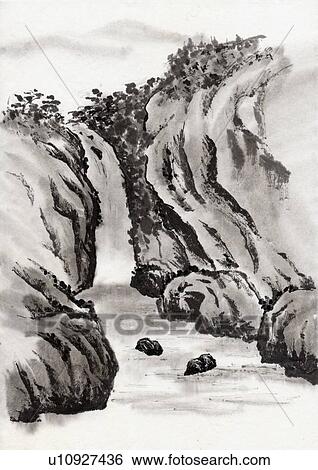 Waterfall, Ink Painting, Vignette View Large Illustration Stock Illustration - Waterfall, Ink Painting, Vignette. Fotosearch